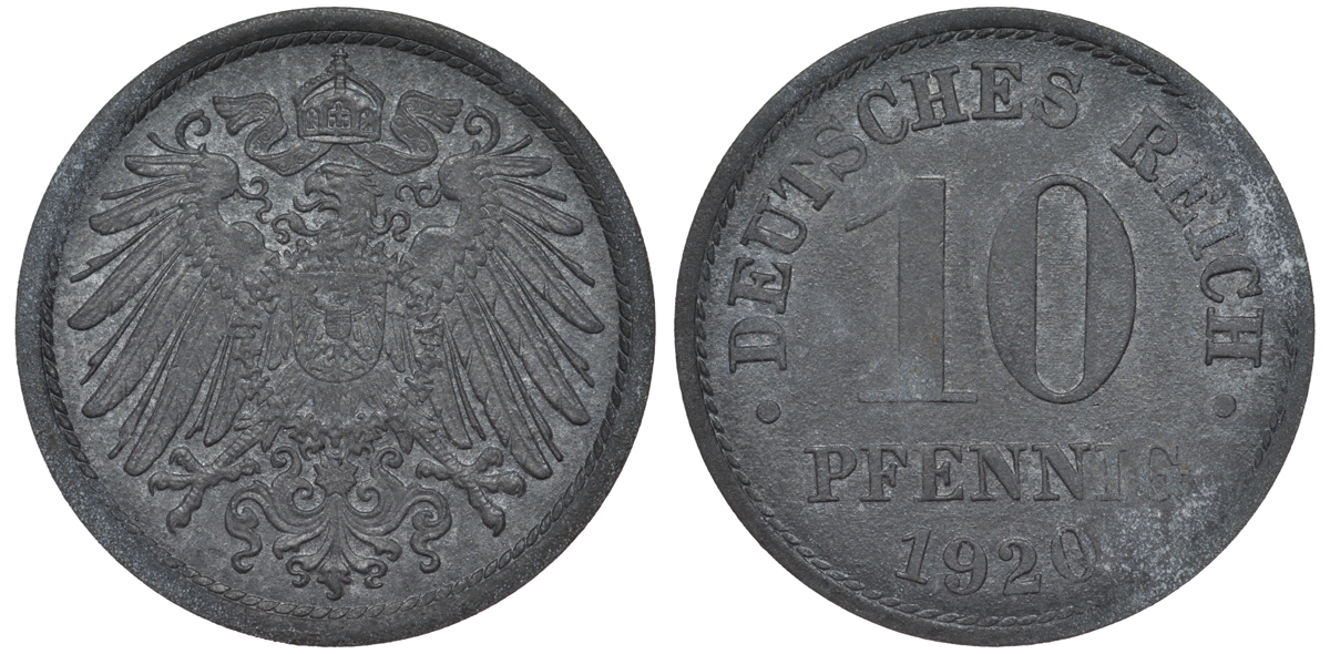 ГЕРМАНИЯ 10 ПФЕННИГОВ 1920 KM 26, J. 299 цинк 45-1258