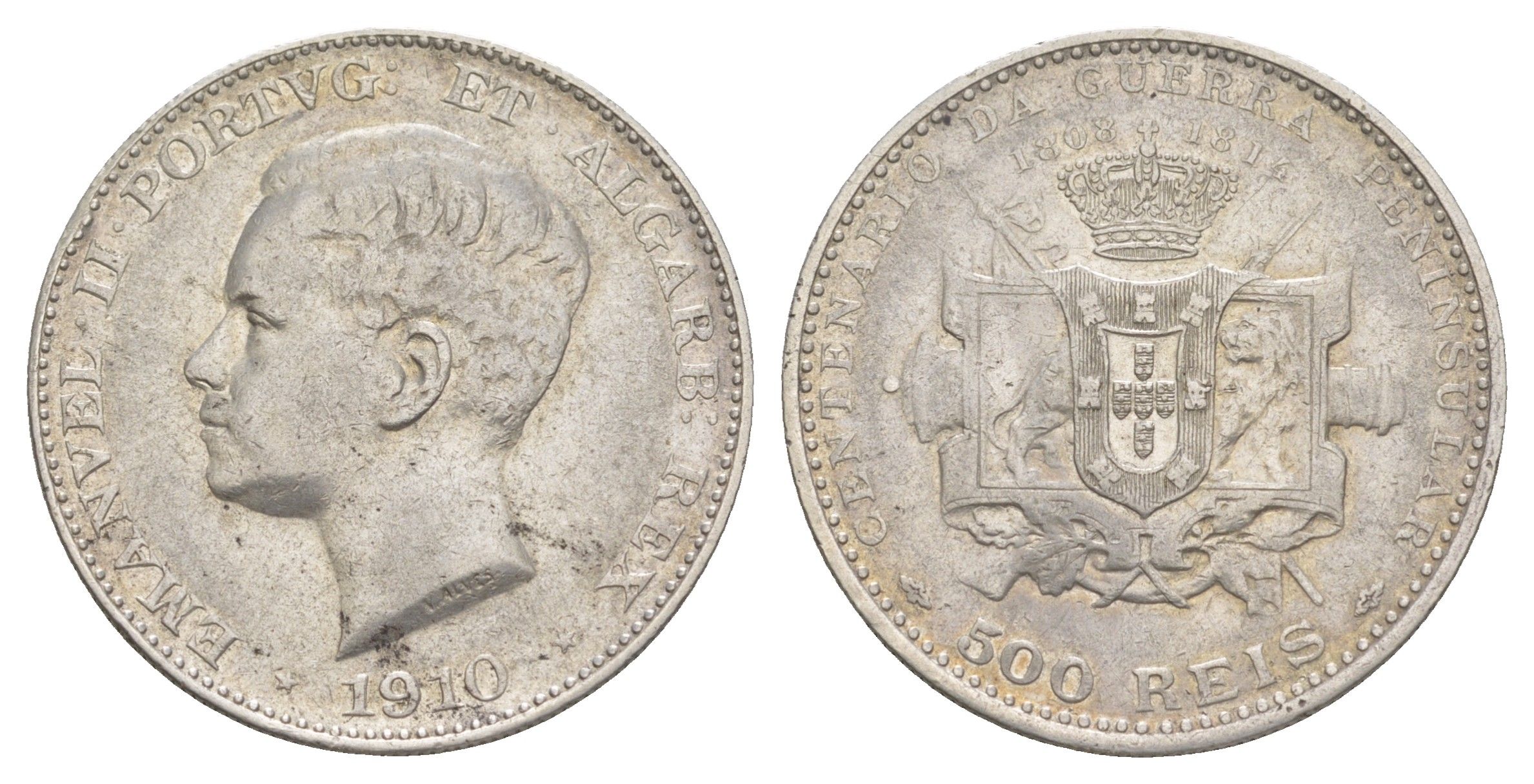 Португалия 500 реалов 1910 100 лет Пиренейской войне KM 556 серебро 4127-933