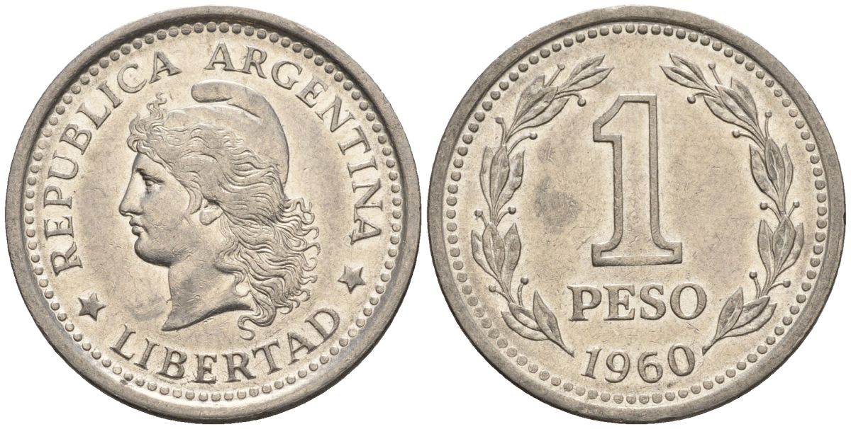Аргентина 1 песо 1960 голова свободы влево KM 57, Schon 57 сталь плакированная никелем    60-1016