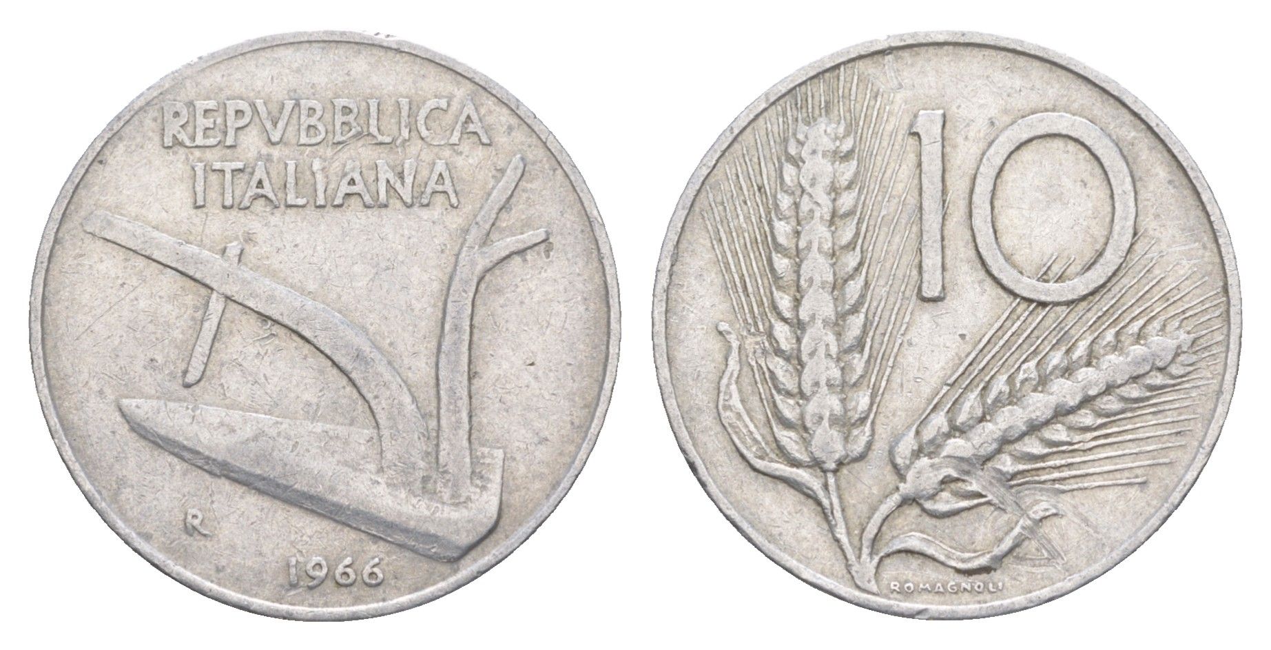 Италия 10 лир 1966 R, плуг, колосья KM 93 алюминий 4551-757
