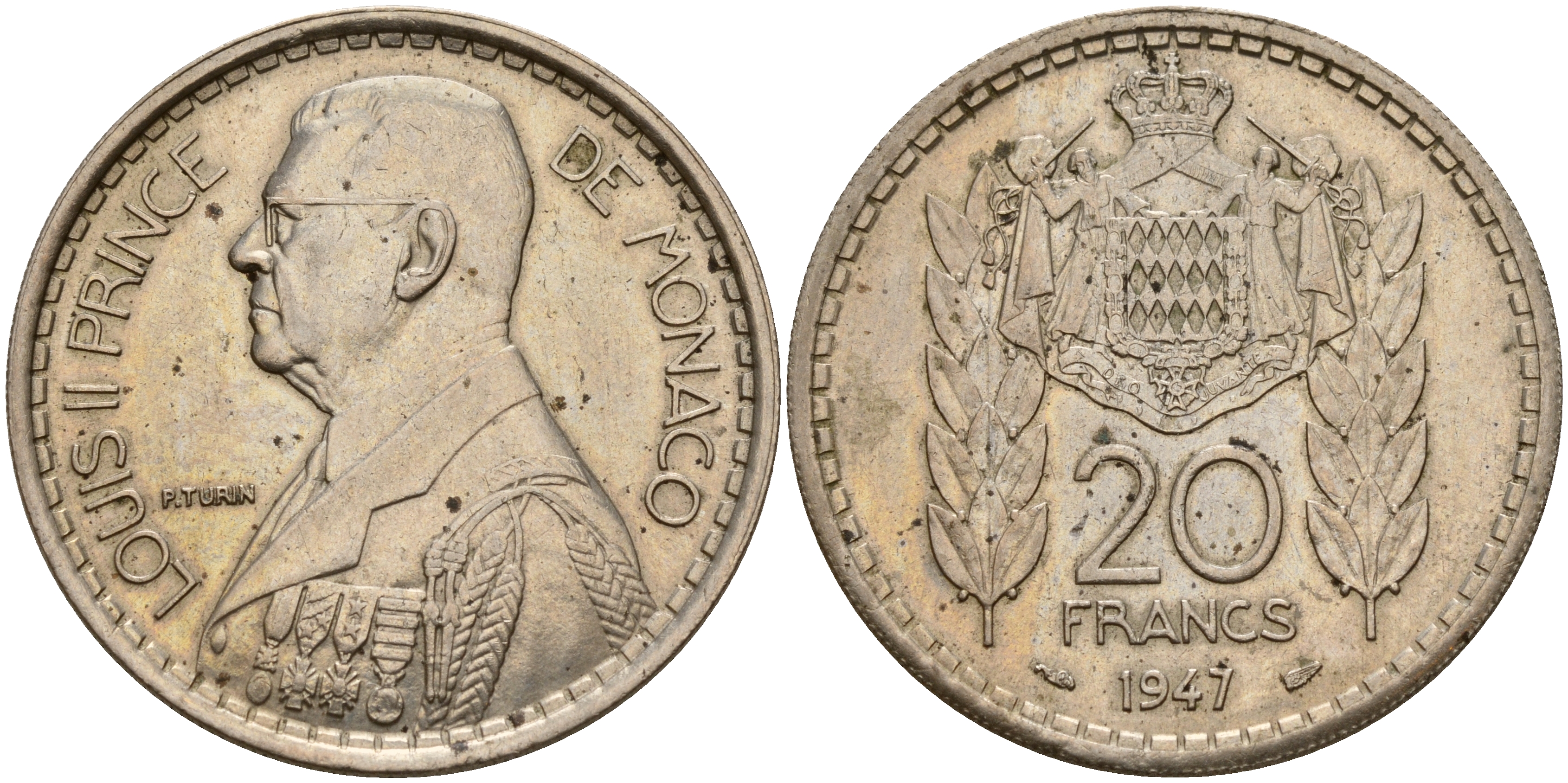 Монако 20 франков 1947 Луи II (1922-1949) KM 124 медно-никель    4599-424