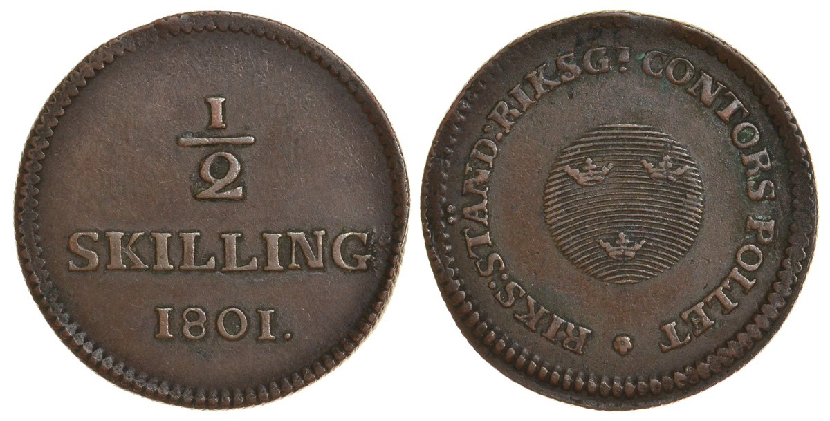 Швеция 1/2 скиллинга 1801 Густав IV Адольф (1792-1809) KM 549 медь 60-356