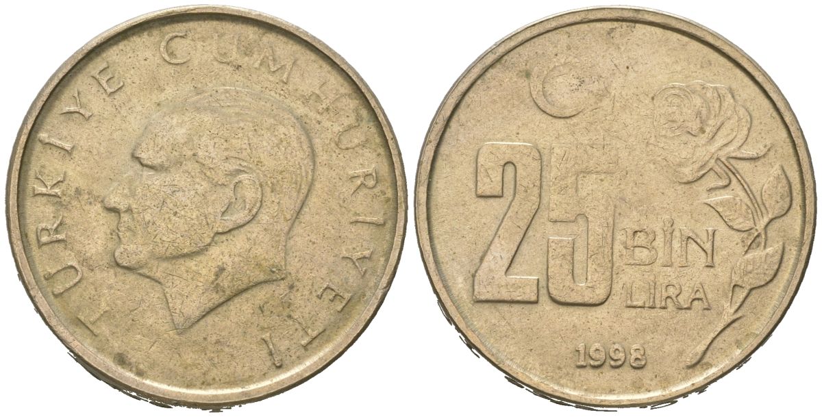 Турция 25000 лир 1998 Мустафа Кемаль Ататюрк KM 1041 медь цинк никель 117-1144