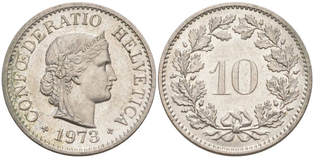 Швейцария 10 раппенов 1973 KM 27 медно-никель 55-451