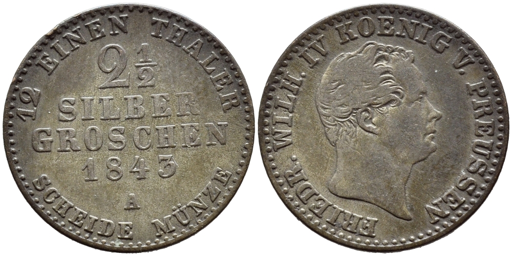 ПРУССИЯ 2 1/2 ГРОША 1843 А KM 444 серебро 177-1254