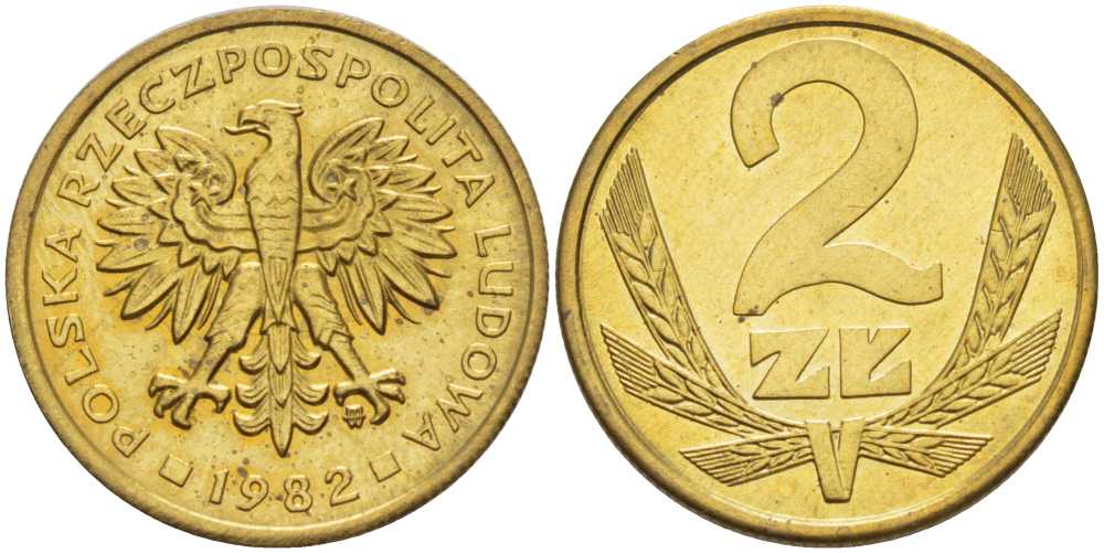 ПОЛЬША 2 ЗЛОТЫХ 1982 MW KM 80.1 латунь UNC 65-135