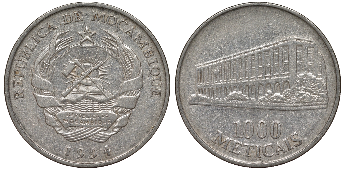 Мозамбик 1000 метикалей 1994 KM 122 никелированная сталь 4162-724