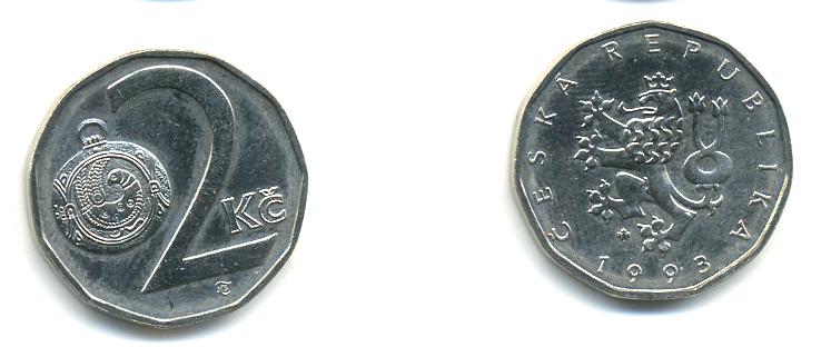 Чехия 2 кроны 1993 KM 9 сталь плакированная никелем 89-1624