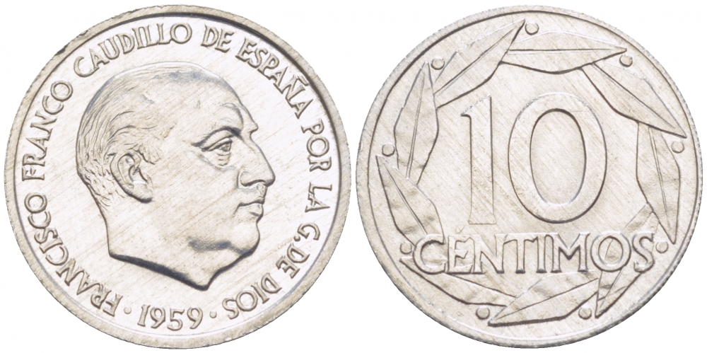 Испания 10 сентимо 1959 Франсиско Франко (1939-1975) KM 790 алюминий UNC 3718-266