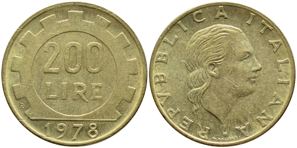 Италия 200 лир 1978 R, шестерня KM 105 алюминиевая бронза 4395-535