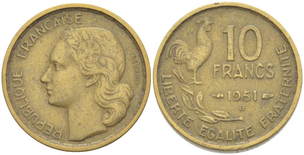Франция 10 франков 1951 B, петух, 4 пера KM 915.2, LE FRANC 363.5 алюминиевая бронза 202-1144