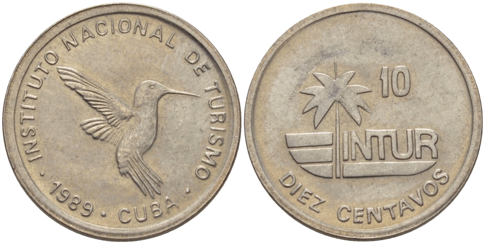 Куба 10 сентаво 1989 туристические деньги, INTUR, цифры номинала маленькие KM 415.2а медно-никель 67-1113