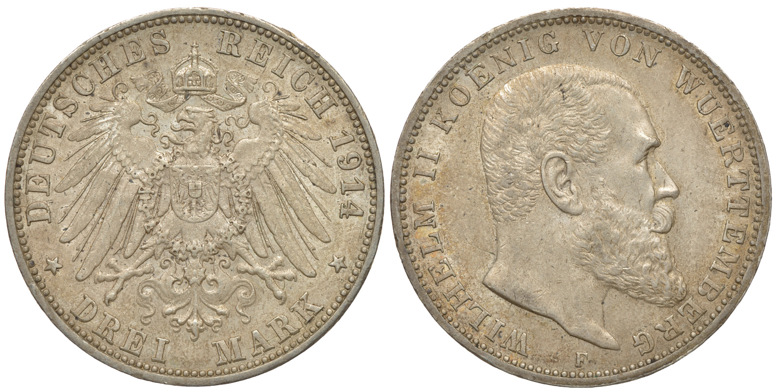 Вюртемберг 3 марки 1914 F, Вильгельм II (1891-1918) Weege 171, J. 175, KM 635 серебро 413-5533