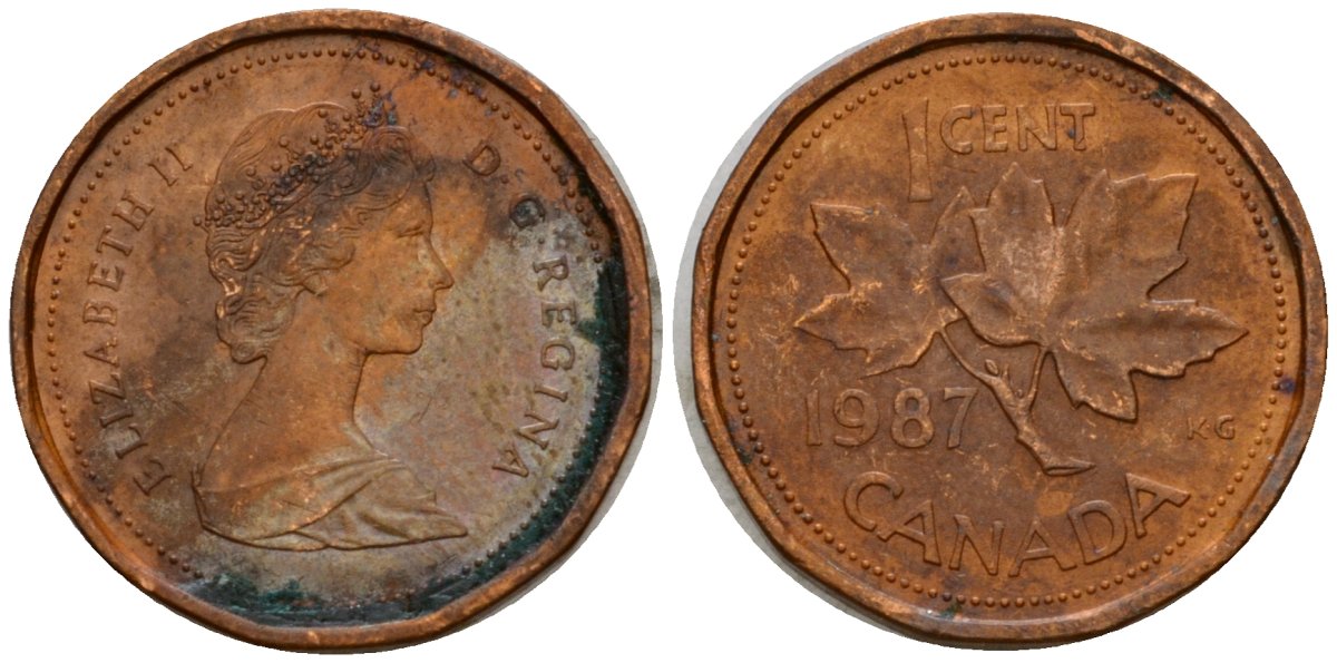 Канада 1 цент 1987 Елизавета II (1952-2022), кленовый лист KM 132 бронза 4602-224