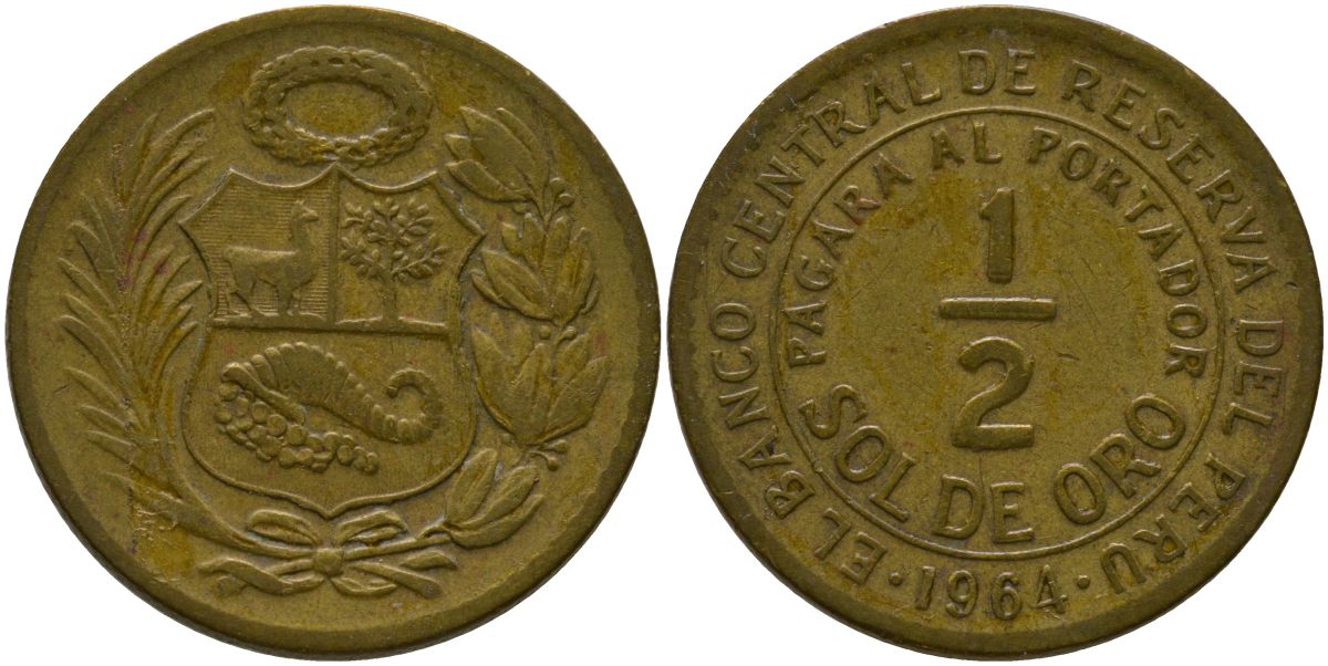 Перу 1/2 соль 1964 KM 220.5, Schon 23 латунь 4539-454