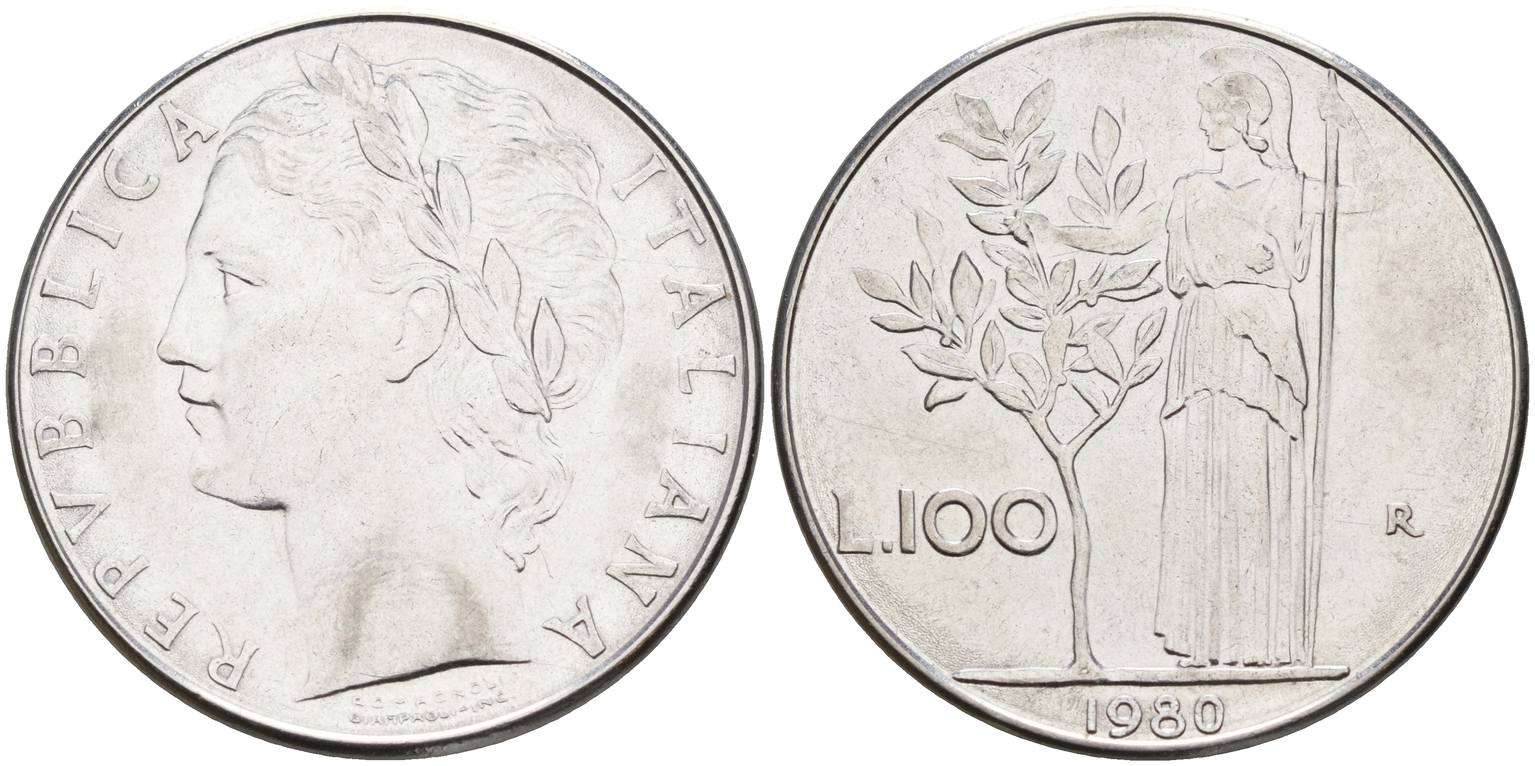 Италия 100 лир 1980 R, Афина в доспехах KM 96.1 сталь    4599-1124