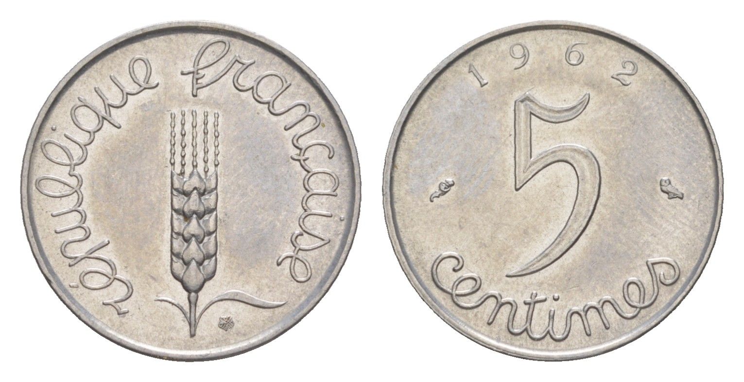 Франция 5 сантимов 1962 KM 927 нержавеющая сталь 4174-243