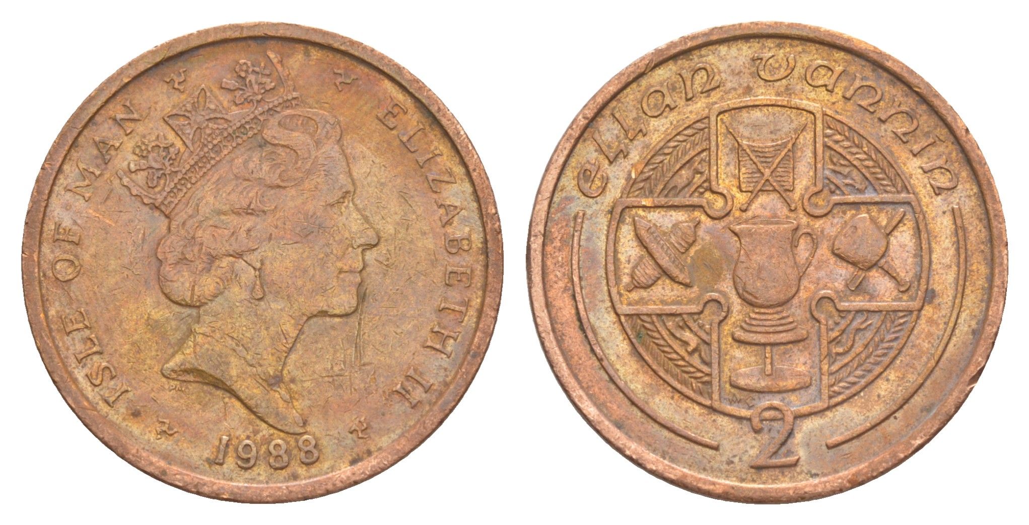 Остров Мэн 2 пенса 1988 Елизавета II (1952-2022) KM 208 бронза 4648-157