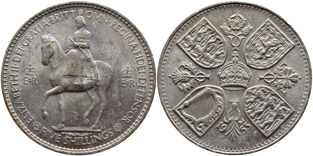 Великобритания 1 крона (5 шиллингов) 1953 коронация королевы Елизаветы, Елизавета II (1952-2022) Елизаветы KM 894, Spink 4136 медно-никель 36-635