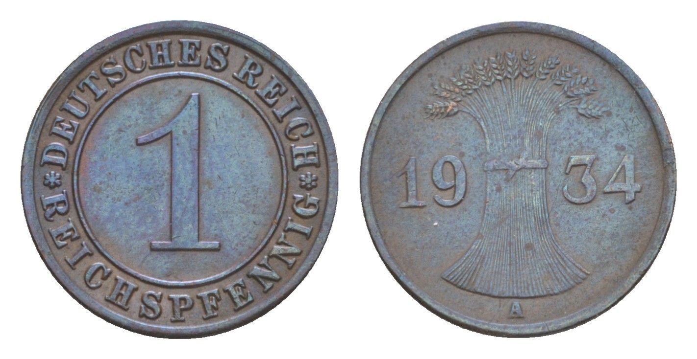 Германия 1 рейхспфенниг 1934 A KM 37, J. 313 бронза 4644-1047