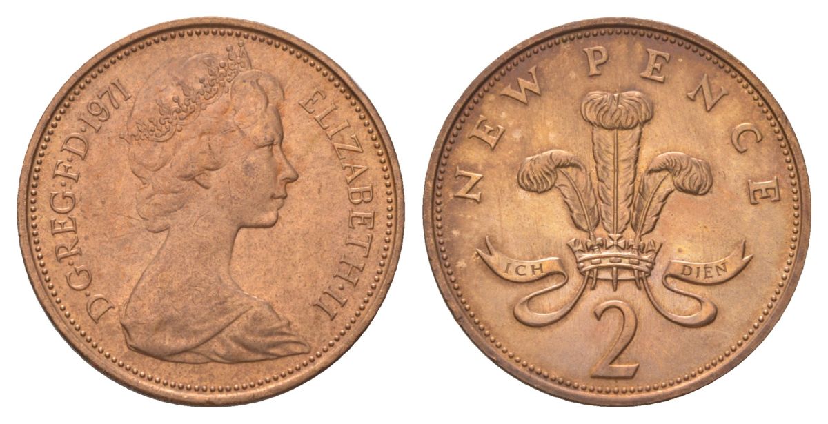 Великобритания 2 пенса 1971 Елизавета II (1952-2022) KM 916, Spink 4235 (C1) бронза UNC 4628-756