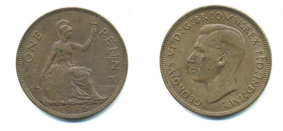 Великобритания 1 пенни 1946 Георг VI (1936-1952) KM 845, Spink 4114 бронза 4383-725
