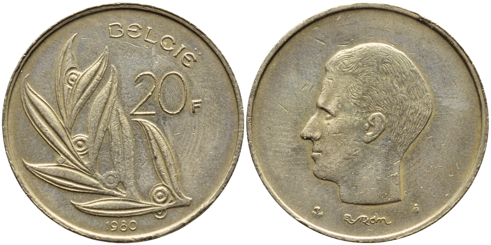 БЕЛЬГИЯ 20 ФРАНКОВ 1980 BELGIE, БОДУЭН I (1951-1993) KM 160 никель бронза 91-515