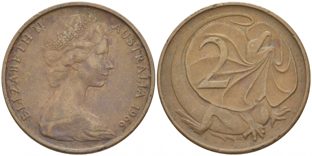 Австралия 2 цента 1966 Елизавета II (1952-), плащеносная ящерица KM 63 бронза 4539-937