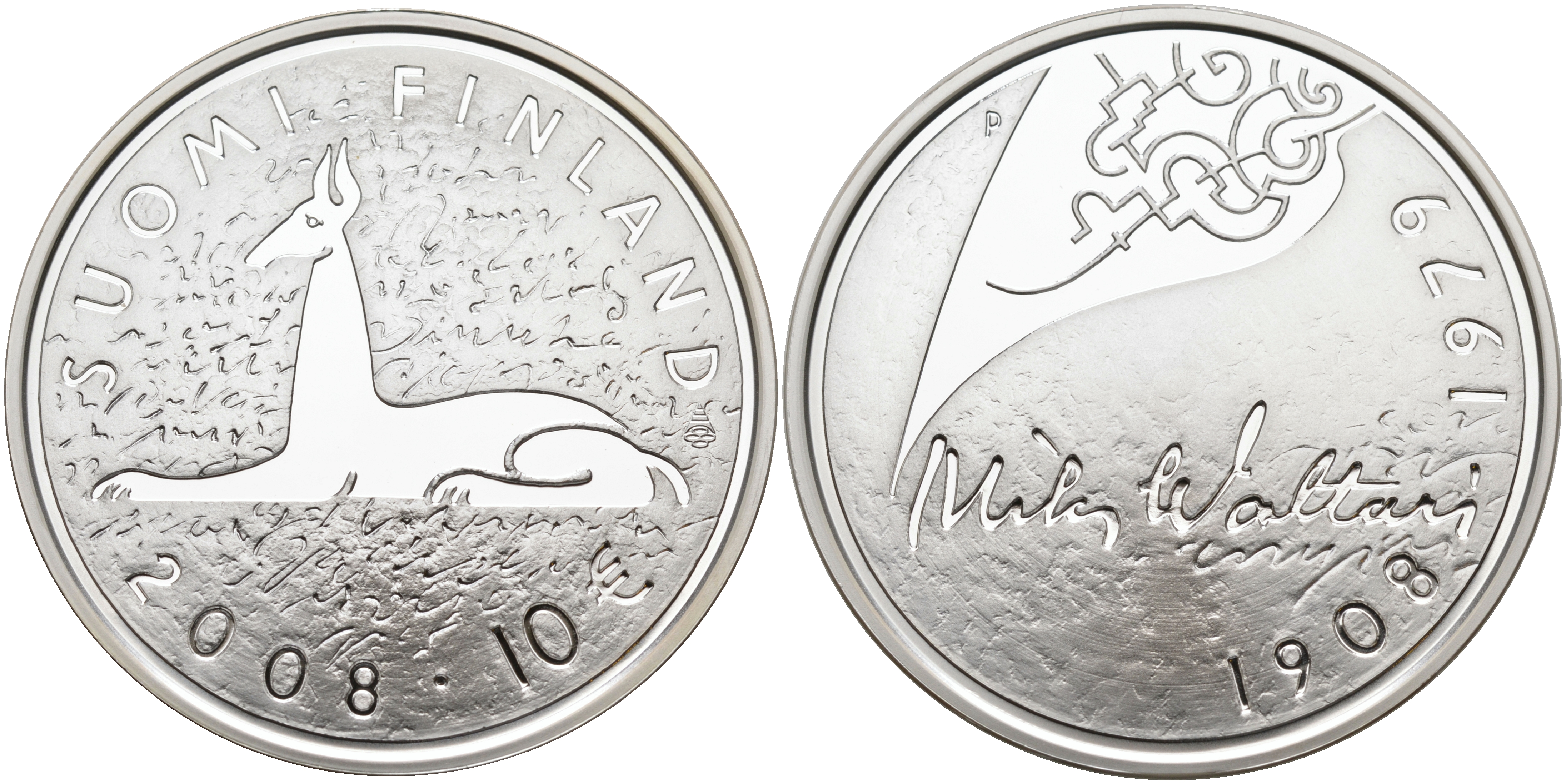 Финляндия 10 евро 2008 Мика Валтари, писатель KM 142 серебро  PROOF 11-114-31