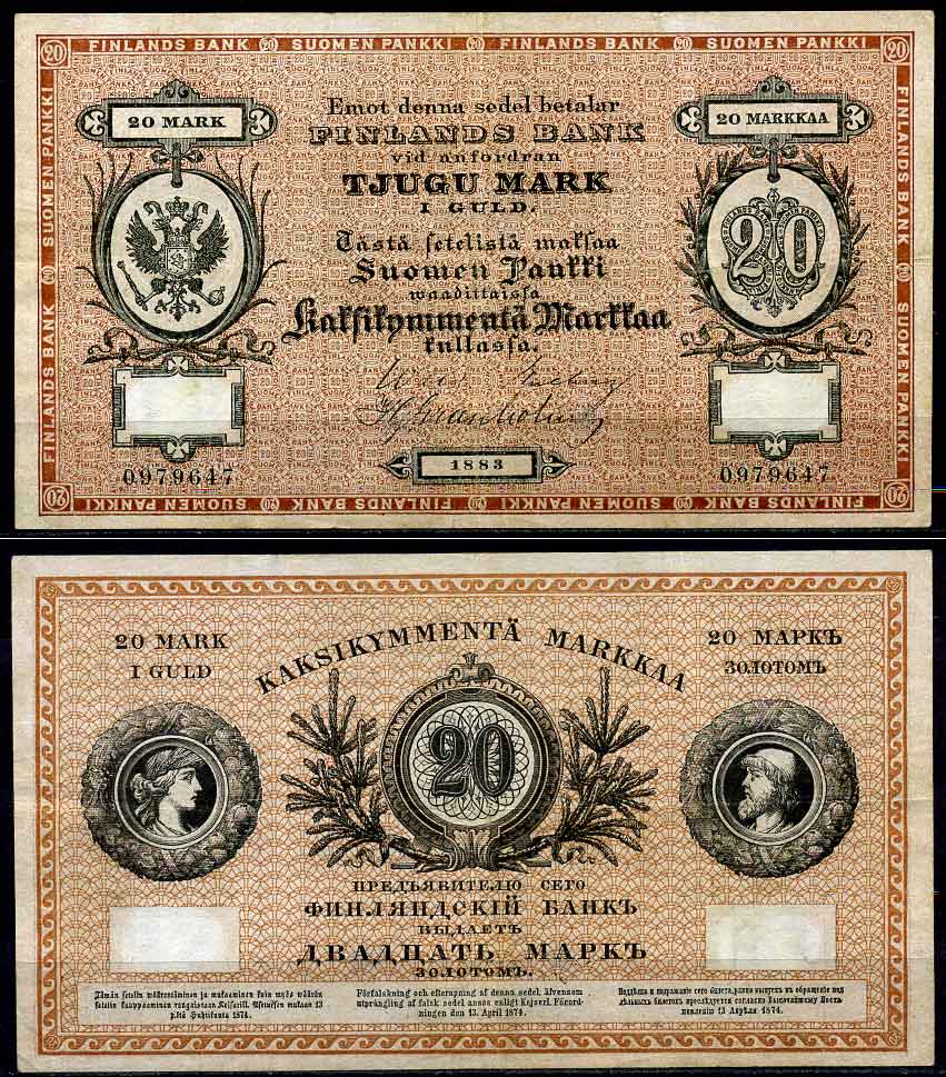 Россия для Финляндии 20 марок золотом 1883  Pick A47 b, Рябченко 27789 бумага 000-000-000