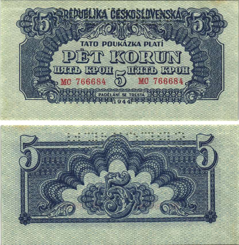 ЧЕХОСЛОВАКИЯ 5 КРОН 1944 SPECIMEN, ПЕРФОРАЦИЯ Pick 45s бумага аUNC 6283-3-1-2