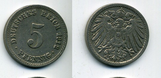 ГЕРМАНИЯ 5 ПФЕННИГОВ 1912 A, KM 11, J. 12 медно-никель 53-432