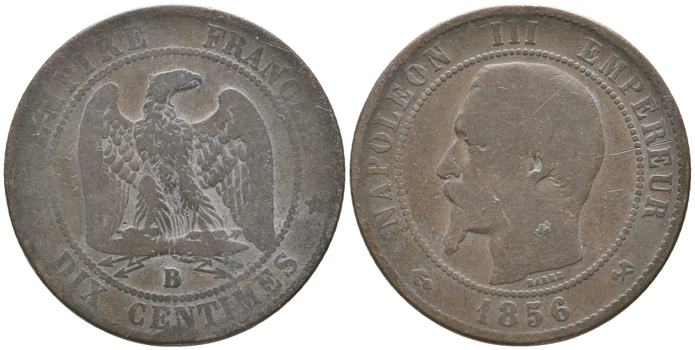 ФРАНЦИЯ 10 САНТИМОВ 1856 В, НАПОЛЕОН III (1852-1870) KM 771.2, LA FRANC 133.33 бронза 54-1433