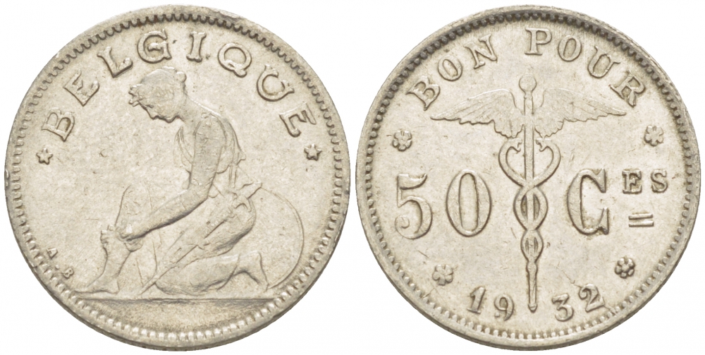 Бельгия 50 сантимов 1932 Belgique, Альберт I (1909-1934) KM 87 никель     261-1635