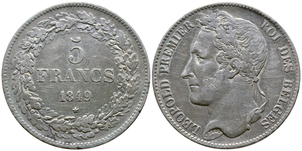 Бельгия 5 франков 1849 Леопольд I (1831-1865), в венке KM 3.2 серебро 74-1024
