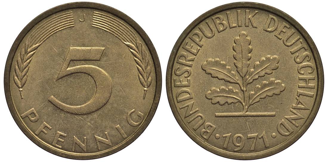 ФРГ 5 ПФЕННИГОВ 1971 J KM 107, Jager 382 сталь плакированная латунью 4547-745