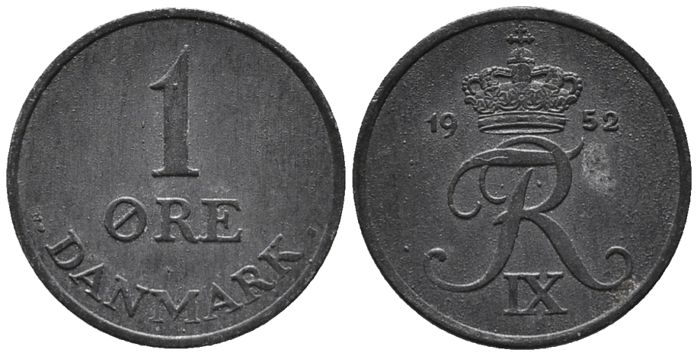 ДАНИЯ 1 ЭРЕ 1952 N; S, ФРЕДЕРИК IX (1947-1972) KM 839.1 цинк 66-159