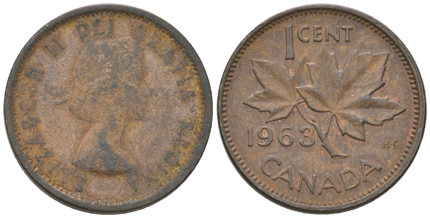Канада 1 цент 1963 Елизавета II (1952-2022), кленовый лист KM 49 бронза 4164-622
