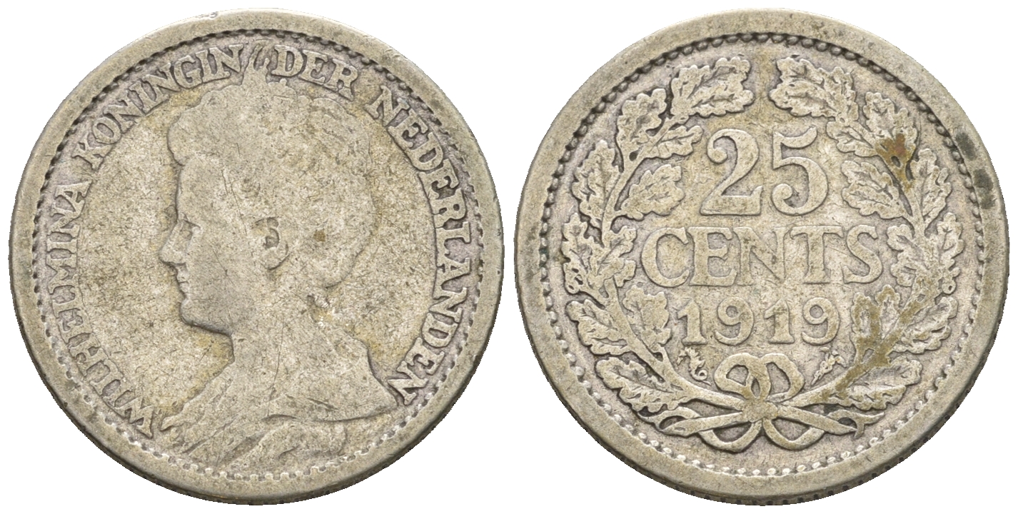 Нидерланды 25 центов 1919 Вильгельмина I (1890-1948) KM 146 серебро 4609-767