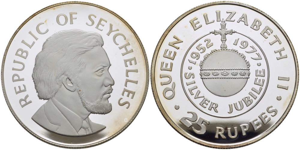 Сейшельские острова набор из 2 монет по 25 рупий 1977 25 лет правления (серебрянный юбилей) королевы Елизаветы II (1952-1977), в оригинальном буклете (UNC) и (PROOF) KM 38, 38a серебро UNC, PROOF 7-4-1-30
