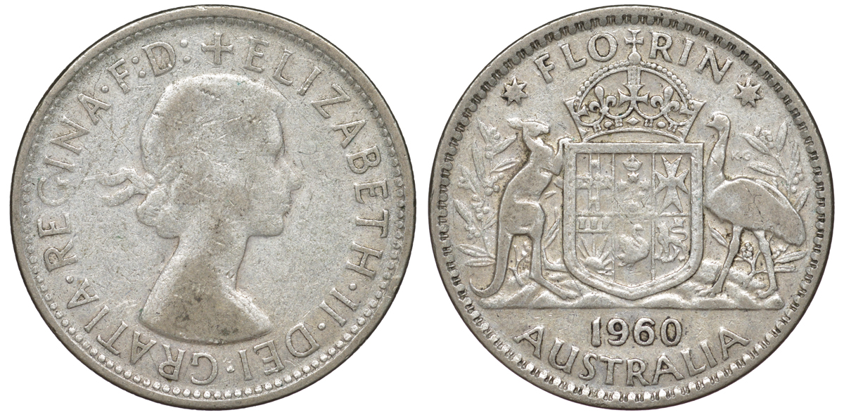 Австралия 1 флорин 1960 Елизавета II (1952-2022), герб Австралии KM 60 серебро 4178-933