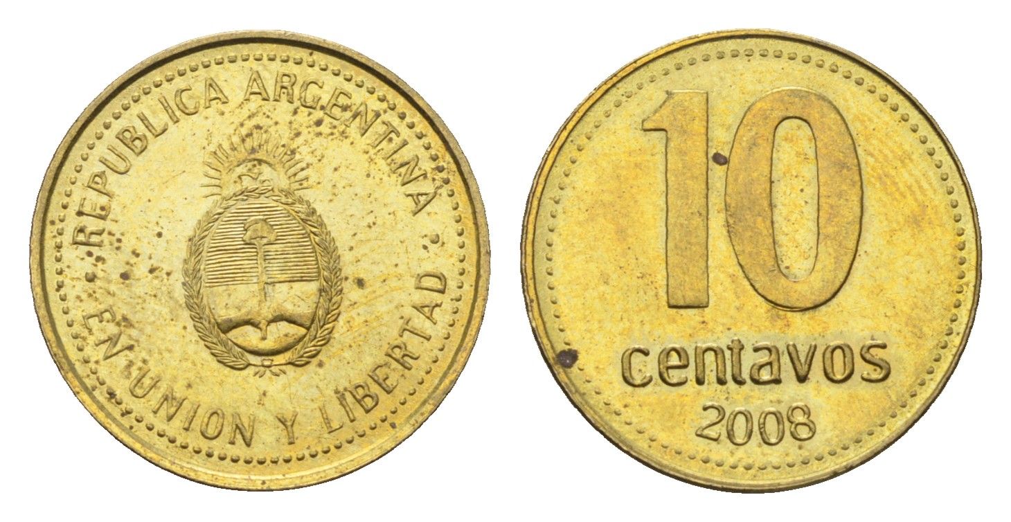 Аргентина 10 сентаво 2008 KM 107a сталь плакированная латунью UNC 4664-612