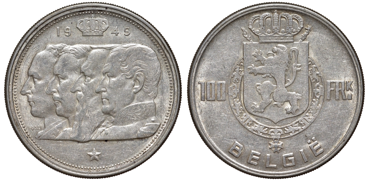 Бельгия 100 франков 1949 Belgie, королевская династия KM 139.1 серебро    1530-625