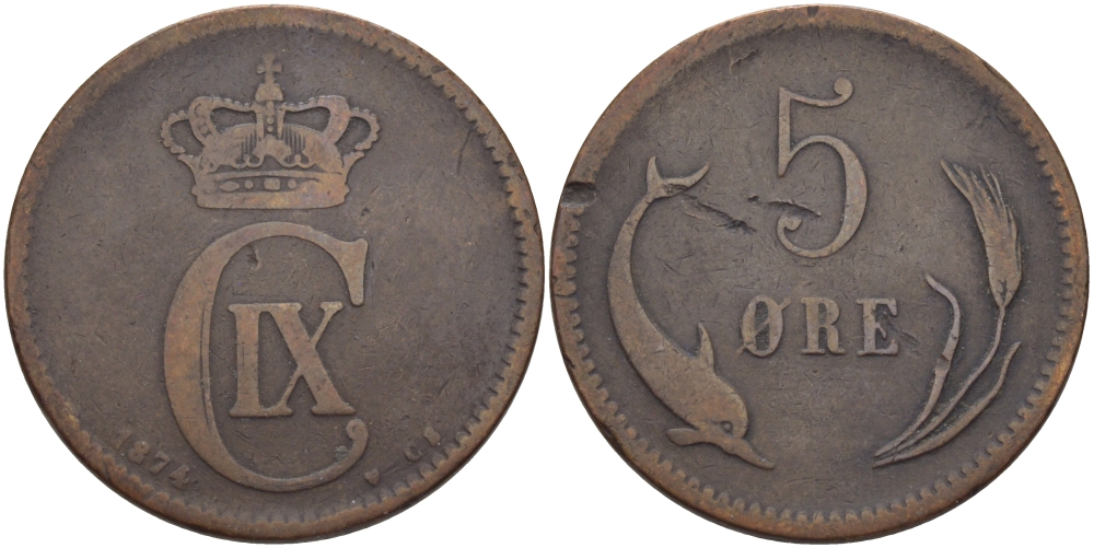 ДАНИЯ 5 ЭРЕ 1874 h KM 794.1 бронза 97-1133