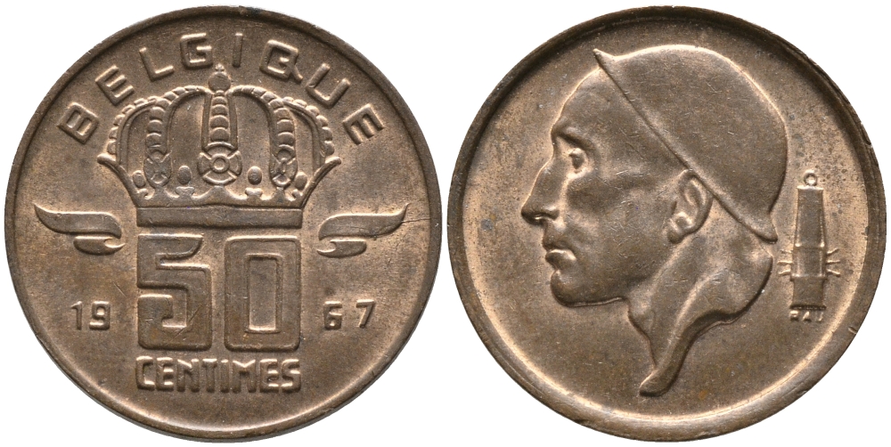 БЕЛЬГИЯ 50 САНТИМОВ 1967 BELGIQUE KM 148.1 бронза 99-1214