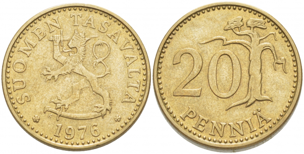 ФИНЛЯНДИЯ 20 ПЕННИ 1976 K KM 47 алюминиевая бронза 3718-631