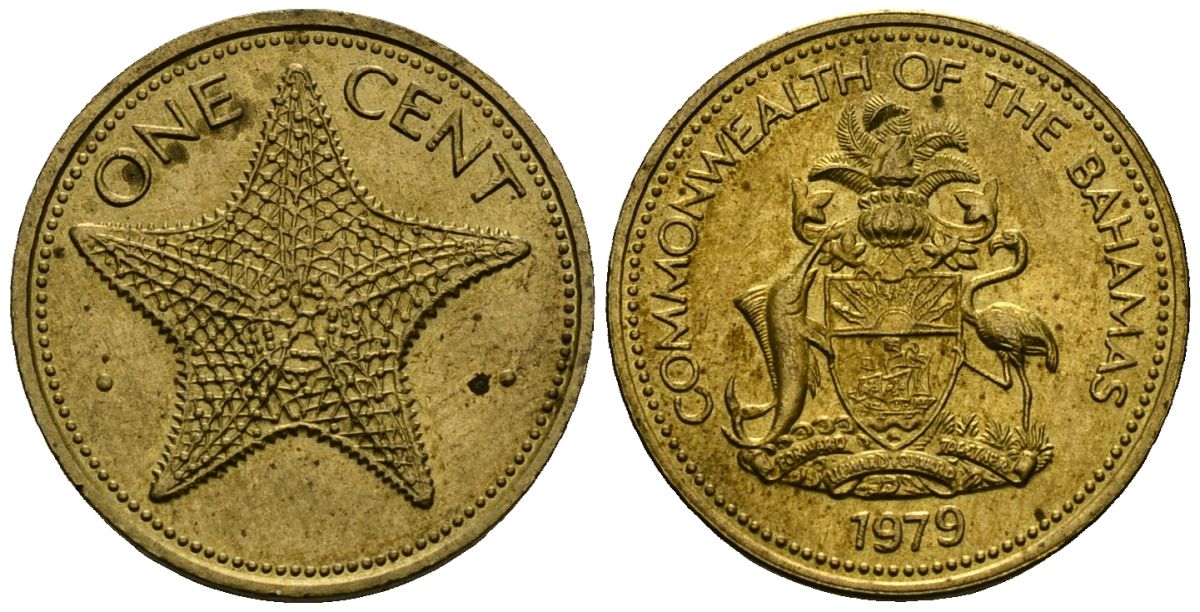 Багамские острова 1 цент 1979 морская звезда KM 59 латунь 4136-822