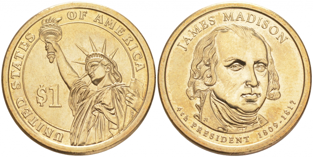США 1 доллар 2007 P, серия президенты США, Джеймс Мэдисон (1809-1817) KM 404 медь с марганцево-латунным покрытием UNC M31-06