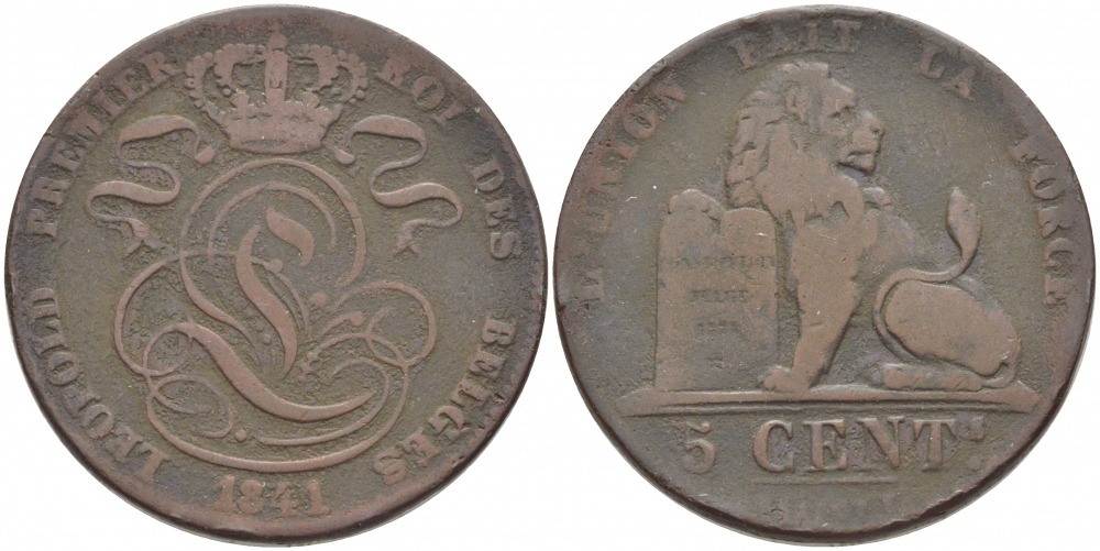 БЕЛЬГИЯ 5 САНТИМОВ 1841 BELGES KM 5.1 медь 114-815