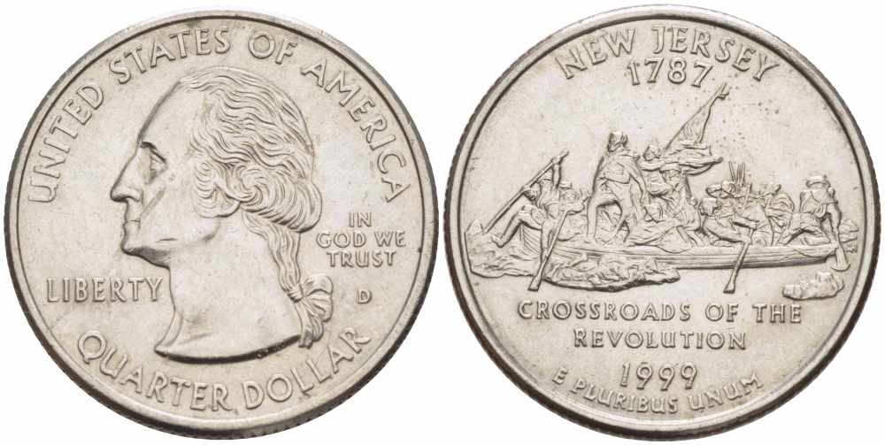 США 25 центов = квотер 1999 D, серия штаты США, Нью-Джерси KM 295 медь плакированная медно-никелем 4364-2632